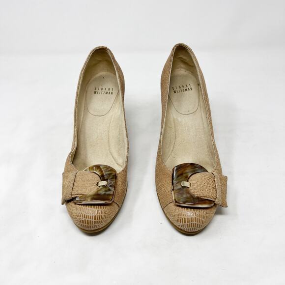[Stuart Weitzman] Beige Leather Bucalina Tortoiseshell Buckle Round Toe Wedges 6 - Picture 2 of 12